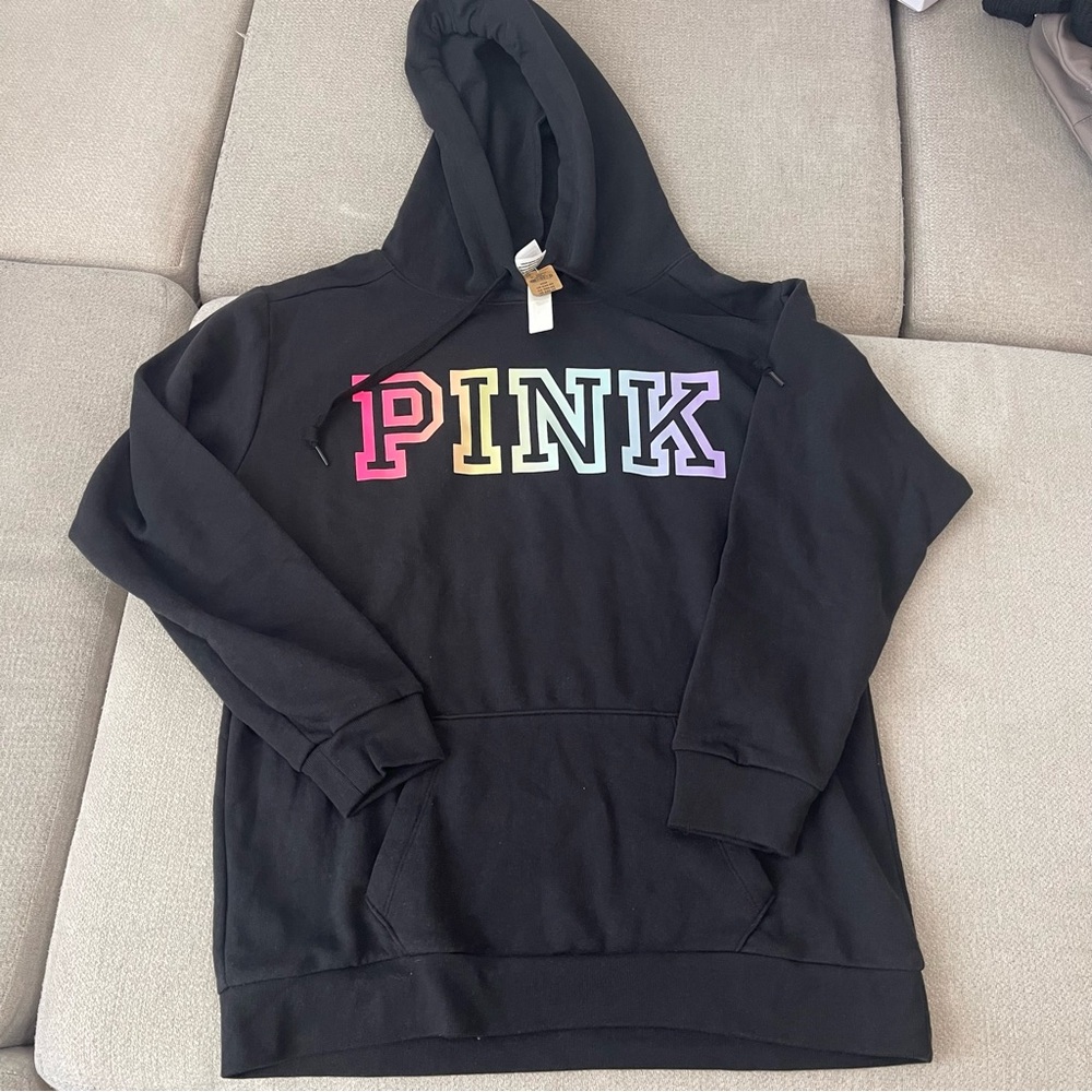 PINK Victoria's Secret Black Hoodie with Multicolor Logo